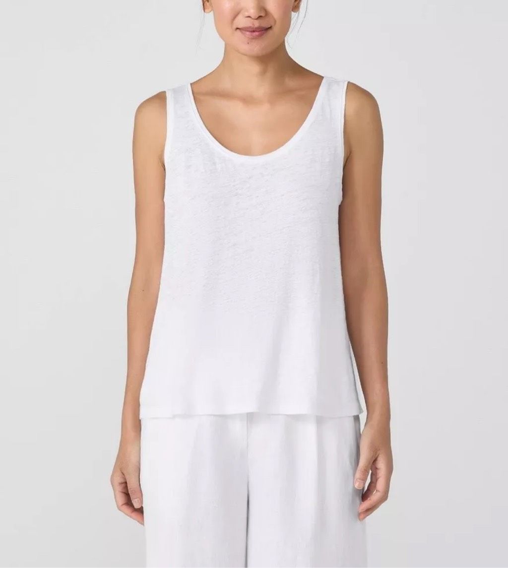 Eileen Fisher $98 Organic Linen Jersey Scoop Neck Tank Top In White M New